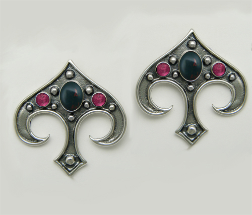 Sterling Silver Gothic Inspired Drop Dangle Earrings With Bloodstone And Pink Tourmaline